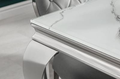 Casa Padrino Designer Esstisch Weiß / Grau / Silber 180 x 95 x H. 75 cm - Rechteckiger Edelstahl Küchentisch mit digitalbedrucktem Sicherheitsglas in Marmoroptik - Moderne Barock Möbel