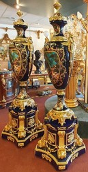 Casa Padrino ensemble de vases baroque en céramique avec piédestal bleu cobalt / or 60 x 60 x H. 215 cm - Ensemble de décoration magnifique - Accessoires de Décoration pour Hôtel et Restaurant