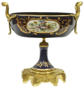 Casa Padrino Barock Keramik Vasen Set mit Schale Dunkelblau / Mehrfarbig / Gold - Deko Accessoires im Barockstil - Edel & Prunkvoll