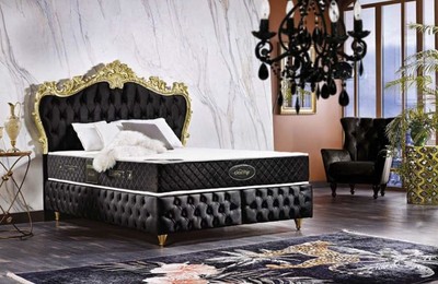 Casa Padrino Barock Doppelbett Schwarz / Gold - Prunkvolles Samt Bett mit Matratze - Komplett Set - Barock Schlafzimmer Möbel
