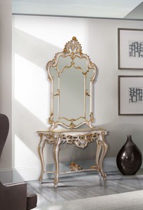 Casa Padrino Luxus Barock Spiegelkonsole Weiß / Antik Gold 125 x 41 x H. 232 cm - Prunkvoller Konsolentisch mit Wandspiegel - Barock Möbel