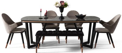 Casa Padrino set da pranzo di lusso grigio / nero / rame - 1 Tavolo da Pranzo e 4 Sedie da Pranzo e 1 Panca - Mobili da Pranzo di Lusso