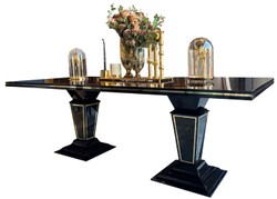 Casa Padrino table de salle à manger Art Déco de luxe brun foncé / noir / or 220 x 110 x H. 76 cm - Table de salle à manger noble avec plateau en verre - Mobilier de salle à manger Art Déco