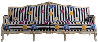Casa Padrino divano barocco di lusso nero / bianco / multicolore / crema antico 245 x 80 x A. 100 cm - Divano in stile barocco a strisce con motivi floreali - Mobili per soggiorno barocco