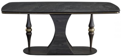 Casa Padrino table de salle à manger Art Déco de luxe gris / noir / laiton 183 x 92 x H. 77 cm - Table de salle à manger noble avec plateau en verre aspect marbre - Mobilier de Salle à Manger Art Déco