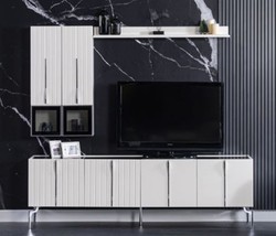 Casa Padrino armadio TV Art Déco di lusso bianco / nero / argento 208 x 44 x A. 64 cm - Mobile TV nobile per soggiorno con 4 ante - Mobili Art Deco