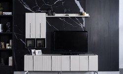 Casa Padrino armadio TV Art Déco di lusso bianco / nero / argento 208 x 44 x A. 64 cm - Mobile TV nobile per soggiorno con 4 ante - Mobili Art Deco