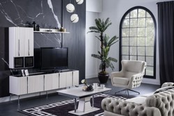 Casa Padrino armadio TV Art Déco di lusso bianco / nero / argento 208 x 44 x A. 64 cm - Mobile TV nobile per soggiorno con 4 ante - Mobili Art Deco