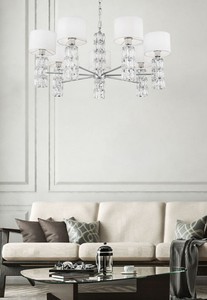 Casa Padrino Designer Kronleuchter Silber / Weiß Ø 80 x H. 37,2 cm - Moderner Metall Kronleuchter mit eleganten Glaselementen und runden Lampenschirmen