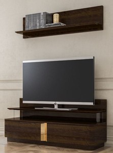 Casa Padrino set di mobile tv per soggiorno di lusso set marrone / oro - 1 Mobile TV e 1 Mensola da Parete - Nobile set di mobili da soggiorno - Qualità di Lusso