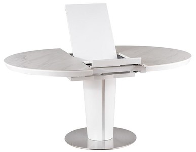 Casa Padrino Luxus Esstisch Matt Weiß / Grau / Silber 120-160 x 120 x H. 76 cm - Moderner ausziehbarer Esszimmertisch mit Keramikplatten in Marmoroptik - Küchen Möbel