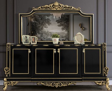 Casa Padrino set di mobili barocchi di lusso nero / oro - 1 Credenza con 4 Ante e 1 Specchio - Mobili barocchi nobili - Nobili e Sontuosa