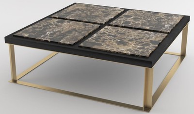 Casa Padrino Luxus Couchtisch Schwarz / Braun / Messingfarben 123 x 123 x H. 40 cm - Moderner quadratischer Wohnzimmertisch mit 4 Marmorplatten - Luxus Wohnzimmer Möbel