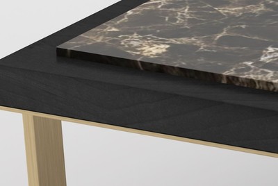 Casa Padrino Luxus Couchtisch Schwarz / Braun / Messingfarben 123 x 123 x H. 40 cm - Moderner quadratischer Wohnzimmertisch mit 4 Marmorplatten - Luxus Wohnzimmer Möbel