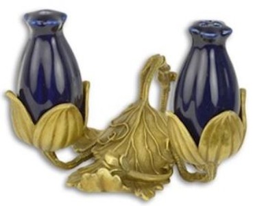 Casa Padrino Art Nouveau porcelain salt & pepper shaker set with stand dark blue / gold 11.7 x 11.4 x H. 8.8 cm - Hotel & Restaurant Accessories