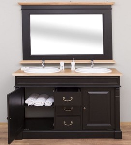 Casa Padrino Landhausstil Badezimmer Set Schwarz / Naturfarben - 1 Doppelwaschtisch & 1 Wandspiegel - Massivholz Badezimmermöbel im Landhausstil