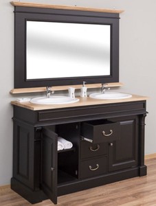 Casa Padrino Landhausstil Badezimmer Set Schwarz / Naturfarben - 1 Doppelwaschtisch & 1 Wandspiegel - Massivholz Badezimmermöbel im Landhausstil