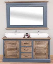Casa Padrino ensemble de salle de bain de style champêtre bleu / marron - 1 armoire lavabo double et 1 miroir mural - Meubles de Salle de Bain de Style Champêtre 