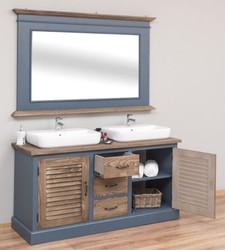 Casa Padrino ensemble de salle de bain de style champêtre bleu / marron - 1 armoire lavabo double et 1 miroir mural - Meubles de Salle de Bain de Style Champêtre 