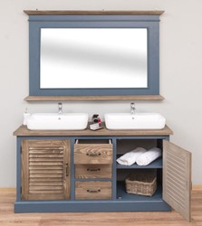Casa Padrino ensemble de salle de bain de style champêtre bleu / marron - 1 armoire lavabo double et 1 miroir mural - Meubles de Salle de Bain de Style Champêtre 