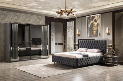 Casa Padrino Luxus Art Deco Schlafzimmerschrank Grau / Gold 265 x 67 x H. 220 cm - Edler Massivholz Kleiderschrank mit 6 verspiegelten Türen - Schlafzimmer Möbel - Luxus Qualität