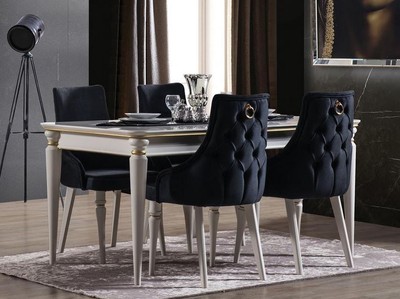 Casa Padrino set da pranzo Art Déco di lusso blu scuro / bianco / oro - 1 Tavolo da Pranzo Allungabile e 6 Sedie da Pranzo - Mobili da Pranzo Art Deco - Qualità di Lusso