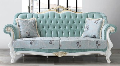 Casa Padrino divano del soggiorno barocco con strass e motivi floreali verde chiaro / blu chiaro / bianco / oro 215 x 80 x A. 120 cm - Mobili Barocchi