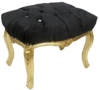 Casa Padrino taburete barroco negro / oro 50 x 40 x A. 35 cm - Taburete barroco hecho a mano con pedrería - Muebles de estilo barroco