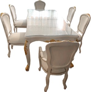 Barock Esszimmer Set Weiß Gold Esstisch mit Glasplatte und 6 Esszimmerstühle Baroque Dining Room Set White Gold Dining Table with Glass Top and 6 Dining Chairs Barock Esszimmer Set Weiß Gold Esstisch mit Glasplatte und 6 Esszimmerstühle Baroque Dining Room Set White Gold Dining Table with Glass Top and 6 Dining Chairs