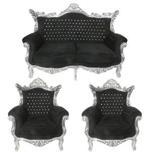 Juego de sala barroco Casa Padrino negro / plateado con diamantes de imitación bling bling - sofá 2 plazas + 2 sillones - muebles barrocos Juego de sala barroco Casa Padrino negro / plateado con diamantes de imitación bling bling - sofá 2 plazas + 2 sillones - muebles barrocos