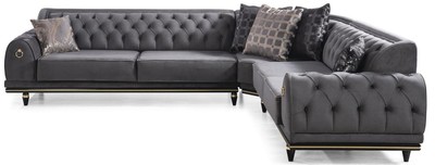 Luxus Art Deco Chesterfield Wohnzimmer Sofa Ecksofa Grau Schwarz Gold Luxury Art Deco Chesterfield Living Room Sofa Corner Sofa Gray Black Gold