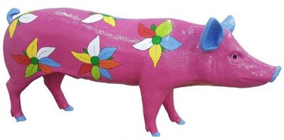 Casa Padrino figurine décoration cochon avec fleurs design violet / multicolore 160 x H. 70 cm - Sculpture décoration grandeur nature - Décoration de jardin résistant aux intempéries