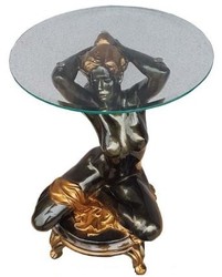 Casa Padrino mesa auxiliar Art Nouveau arrodillada mujer negro / oro Ø 45 x A. 63,5 cm - Mesa elegante con sobre de vidrio redondo - Muebles de sala
