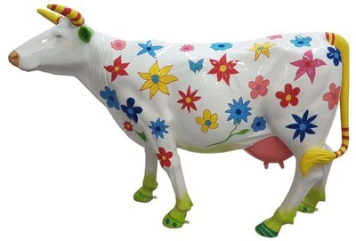 Casa Padrino sculpture design de jardin vache avec floral design blanc / multicolore 210 x 55 x H. 147 cm - Énorme figurine décorative résistante aux intempéries - Figurine animalière grandeur nature