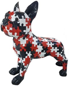 Casa Padrino figure de décoration design chien bouledogue avec puzzle design noir / blanc / rouge 190 x H. 178 cm - Immense figurine décorative - Sculpture de décoration de jardin - Figurine de jardin