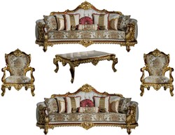 Casa Padrino conjunto de sala de estar barroco de lujo gris / rojo / oro - 2 Sofás y 2 Sillones y 1 Mesa de Centro - Muebles de sala magnífica en estilo barroco - Noble y Magnífica
