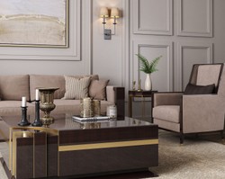 Casa Padrino fauteuil Art Déco de luxe en velours beige / marron foncé brillant / or 75 x 75 x H. 105 cm - Fauteuil de salon noble - Mobilier Art Déco de Luxe