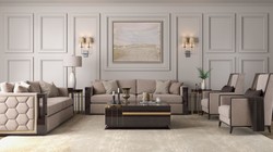 Casa Padrino set da soggiorno Art Déco di lusso beige / marrone scuro lucido / oro - 2 Divani e 2 Poltrone e 1 Tavolo da Soggiorno e 2 Tavolini - Mobili da salotto nobili - Qualità di Lusso