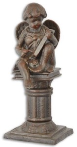 Casa Padrino figure de décoration de jardin Art nouveau en fonte ange sur colonne marron 16,7 x 14,1 x H. 34,1 cm - Sculpture de décoration de jardin et terrasse - Accessoires de Décoration