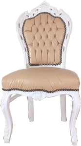 Casa Padrino sedia per sala da pranzo barocco beige / bianco 53 x 57 x A. 108 cm - Sedia artigianale in legno massello in stile antico con finta pelle pregiata - Mobili per sala da pranzo barocco Casa Padrino sedia per sala da pranzo barocco beige / bianco 53 x 57 x A. 108 cm - Sedia artigianale in legno massello in stile antico con finta pelle pregiata - Mobili per sala da pranzo barocco