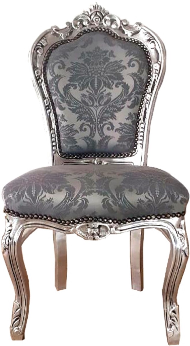 Barock Esszimmerstuhl Grau Silber Antik Stil Satin Stuhl Baroque Dining Chair with Armrests Gray Silver Antique Style Satin Chair Barock Esszimmerstuhl Grau Silber Antik Stil Satin Stuhl Baroque Dining Chair with Armrests Gray Silver Antique Style Satin Chair