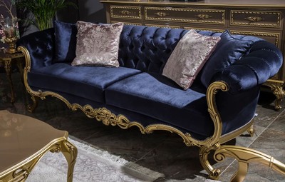 Casa Padrino canapé baroque de luxe en velours bleu royal / or 240 x 82 x H. 83 cm - Canapé de salon magnifique avec coussins décoratifs - Mobilier de salon de style baroque