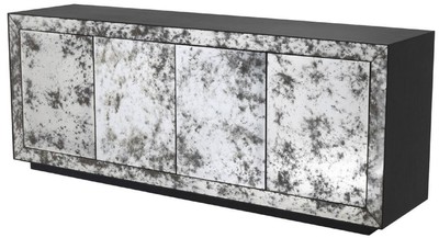 Luxus Mahagoni Sideboard Schrank mit 4 verspiegelten Türen Anthrazitgrau Antikes Spiegelglas Luxury Mahogany Sideboard Cabinet with 4 Mirrored Doors Anthracite Gray Antique Mirror Glass