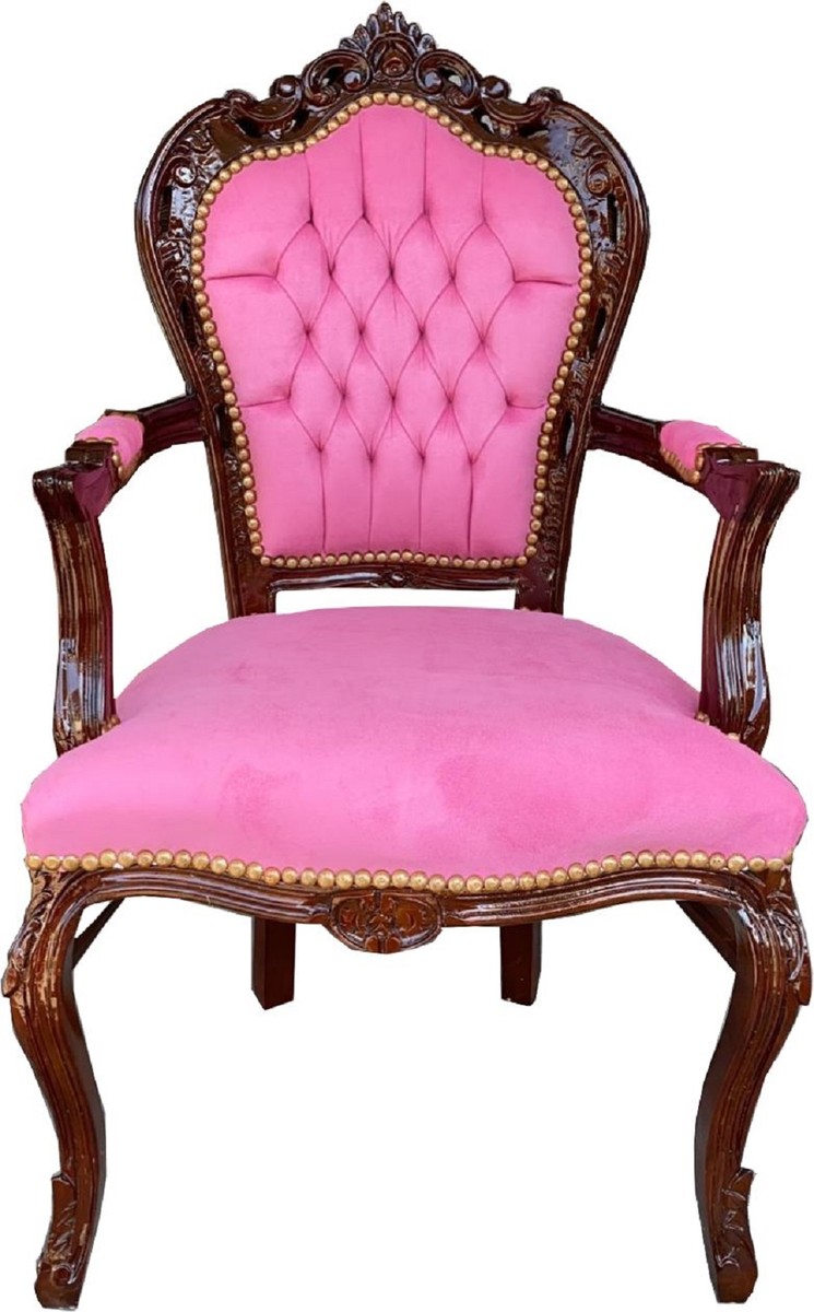Casa Padrino sedia da pranzo barocco con braccioli rosa / marrone 53 x 57 x A. 108 cm - Sedia in legno massello fatta a mano in stile antico con velluto pregiato - Mobili per sala da pranzo barocco Casa Padrino sedia da pranzo barocco con braccioli rosa / marrone 53 x 57 x A. 108 cm - Sedia in legno massello fatta a mano in stile antico con velluto pregiato - Mobili per sala da pranzo barocco