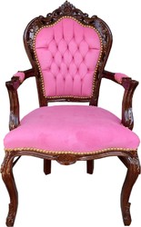 Casa Padrino baroque dining chair with armrests pink / brown 53 x 57 x H. 108 cm - Handmade antique style solid wood chair with noble velvet - Baroque dining room furniture Casa Padrino baroque dining chair with armrests pink / brown 53 x 57 x H. 108 cm - Handmade antique style solid wood chair with noble velvet - Baroque dining room furniture