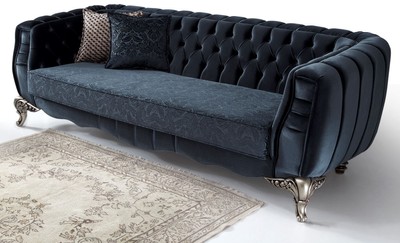 Casa Padrino Luxus Barock Sofa Blau / Silber 235 x 103 x H. 82 cm - Barockstil Wohnzimmer Sofa mit dekorativen Kissen - Barock Wohnzimmer Möbel