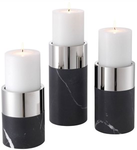 Casa Padrino Set Portacandele di Lusso Nero / Argento - 3 Portacandele Rotondi in Marmo - Qualità di Lusso - Accessori Decorativi