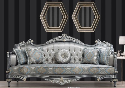 Casa Padrino canapé baroque de luxe argent / turquoise / or 248 x 96 x H. 118 cm - Magnifique canapé de salon en bois massif avec motif élégant et coussins décoratifs - Mobilier de salon baroque