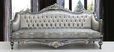 Casa Padrino Luxus Barock Sofa Silber / Türkis / Gold 248 x 96 x H. 118 cm - Prunkvolles Massivholz Wohnzimmer Sofa mit elegantem Muster und dekorativen Kissen - Barock Wohnzimmer Möbel