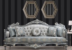 Casa Padrino sofá barroco de lujo plata / turquesa / oro 248 x 96 x A. 118 cm - Magnífica sofá de salón de madera maciza con patrón elegante y cojines decorativos - Muebles de salón barrocos